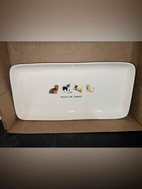 Rae Dunn White Halloween Dog Platter with Trick or Treat Artwork